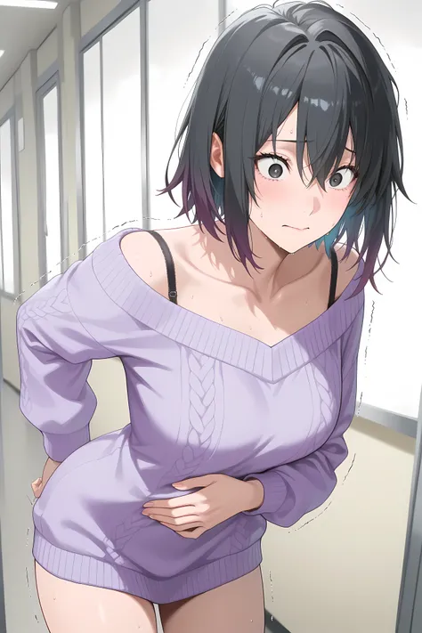 haruno yukinoshita, short hair, hair between eyes, black eyes, black hair, gradient hair, two-tone hair,,sweater, off shoulder, bra strap, purple sweater, long sleeves, collarbone, half body shot, 

 Solo, general, masterpiece, highres, ultra-detailed, hyp...
