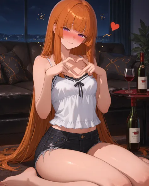 Girl, adult, straight hair, hime cut, long hair, orange hair, purple eyes, fit curvy thighs, fit curvy hips, small breasts, tall, skinny, solo, detailed eyes, detailed face, detailed body, detailed room, living room, looking at viewer, wariza sitting, on b...