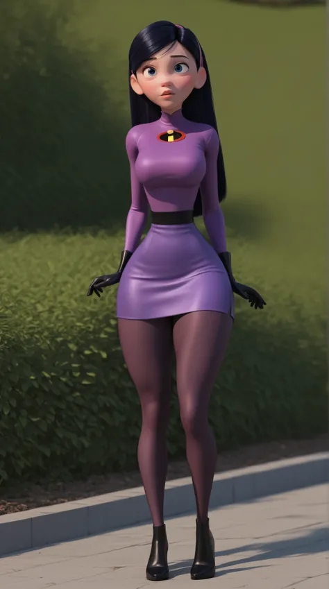 (violet parr), linda, beautiful,  big breasts, with half-open full lips , parts, blue eyes , bangs and a short tight dress,  big round ass , big breasts,  wide hips, thick thighs . front view, looking at the camera, 4k, hq, hr