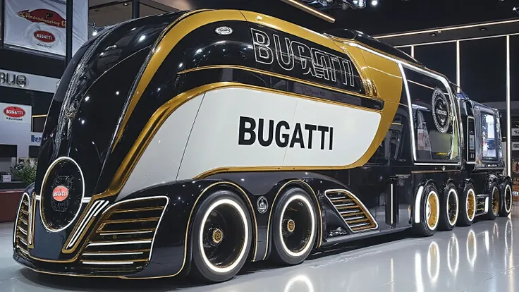 A futuristic ultra-luxury Bugatti truck concept displayed in a modern showroom. The truck has a sleek, aerodynamic, and futuristic design with a glossy black and white body accented by gold trim. The word 'BUGATTI' is boldly written on the side in large bl...