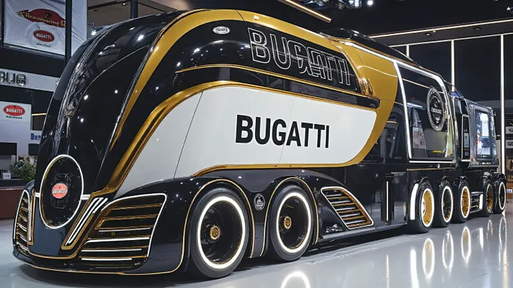 A futuristic ultra-luxury Bugatti truck concept displayed in a modern showroom. The truck has a sleek, aerodynamic, and futuristic design with a glossy black and white body accented by gold trim. The word 'BUGATTI' is boldly written on the side in large bl...