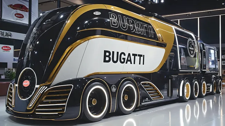 A futuristic ultra-luxury Bugatti truck concept displayed in a modern showroom. The truck has a sleek, aerodynamic, and futuristic design with a glossy black and white body accented by gold trim. The word 'BUGATTI' is boldly written on the side in large bl...
