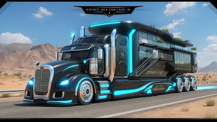 A futuristic ultra-luxury motorhome truck driving on a desert highway with mountains in the background. The vehicle has a sleek black and chrome design with glowing neon blue highlights. The front resembles a modern semi-truck with an aerodynamic Bugatti-i...