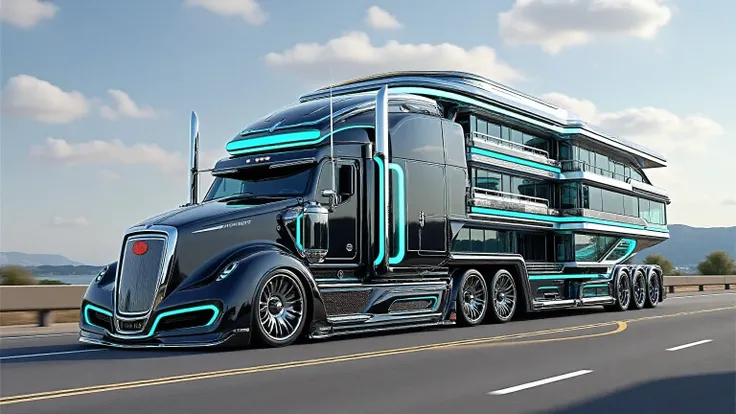 A futuristic ultra-luxury motorhome truck driving on a highway with mountains in the background. The vehicle has a sleek black and chrome design with glowing neon blue highlights. The front resembles a modern semi-truck with an aerodynamic Bugatti-inspired...