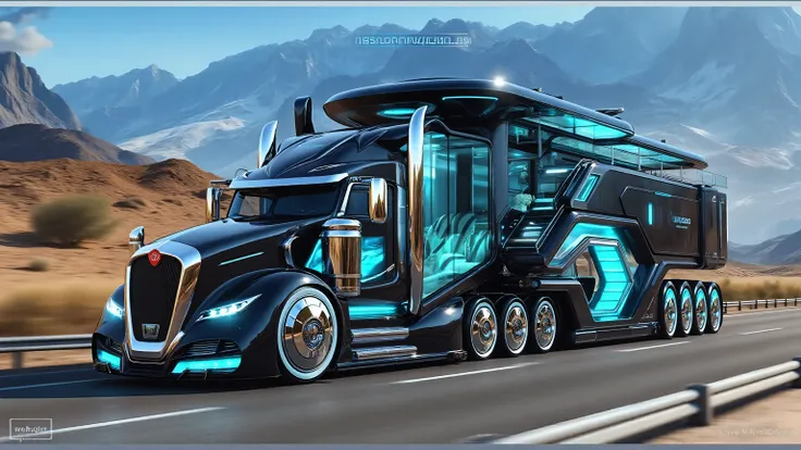 A futuristic ultra-luxury motorhome truck driving on a highway with mountains in the background. The vehicle has a sleek black and chrome design with glowing neon blue highlights. The front resembles a modern semi-truck with an aerodynamic Bugatti-inspired...