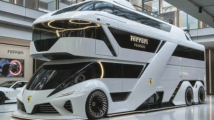 A futuristic luxury Ferrari motorhome concept displayed inside a modern high-end showroom. The vehicle is a massive, multi-level supercar-inspired RV with sleek, aerodynamic Ferrari styling. It has a glossy white body with sharp geometric angles, bold cont...