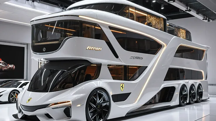 A futuristic luxury Ferrari motorhome concept displayed inside a modern high-end showroom. The vehicle is a massive, multi-level supercar-inspired RV with sleek, aerodynamic Ferrari styling. It has a glossy white body with sharp geometric angles, bold cont...