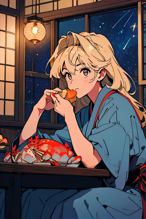 animation、high image quality、high resolution、one woman between stores、(((I'm eating a big crab)))、Japanese restaurant、Tatami room、lavish meal、(((I can see the starry sky through the window)))