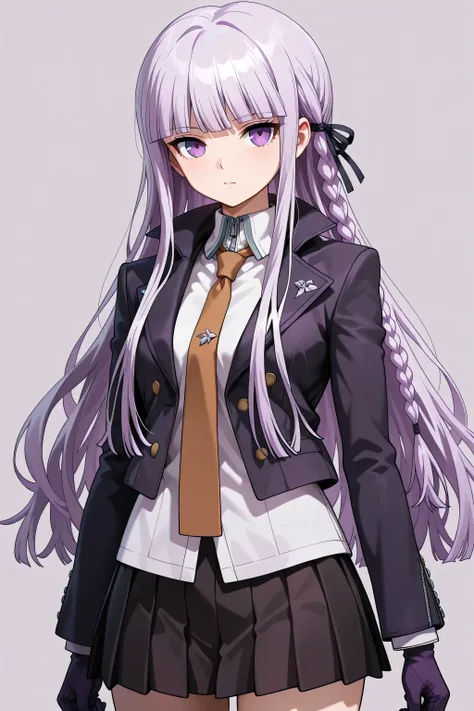 skirt, shirt, gloves, long sleeves, jacket, white shirt, pleated skirt, open clothes, necktie, collared shirt, black skirt, open jacket, black jacket, black ribbon, brown necktie,,<lora:kyouko-kirigiri-s1-ponyxl-lora-nochekaiser:1>, kyouko kirigiri, long h...