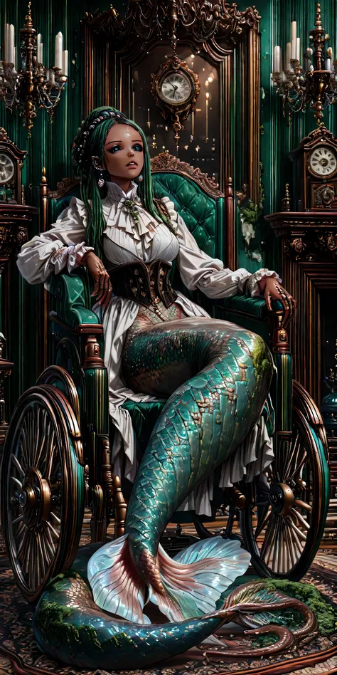 aidmaMJ6.1,detailed,masterpiece, best quality, ultra-detailed, (elegant eel-tailed mermaid in Victorian parlor:1.6), (moss-green eel tail draped elegantly:1.4), (mahogany skin with copper undertones:1.3), (ornate Victorian wheelchair by fireplace:1.3), (we...