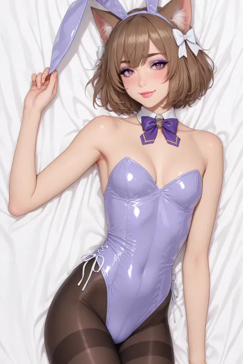 felix argyle, short hair, bangs, brown hair, bow, animal ears, hair bow, male focus, cat ears, eyelashes, bob cut, thick eyebrows, white bow, otoko no ko, small breasts, collarbone,  bow, animal ears, cleavage, bare shoulders, pantyhose, bowtie,  rabbit ea...