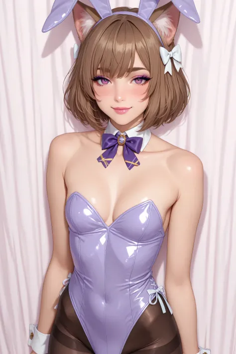 felix argyle, short hair, bangs, brown hair, bow, animal ears, hair bow, male focus, cat ears, eyelashes, bob cut, thick eyebrows, white bow, otoko no ko, small breasts, collarbone,  bow, animal ears, cleavage, bare shoulders, pantyhose, bowtie,  rabbit ea...