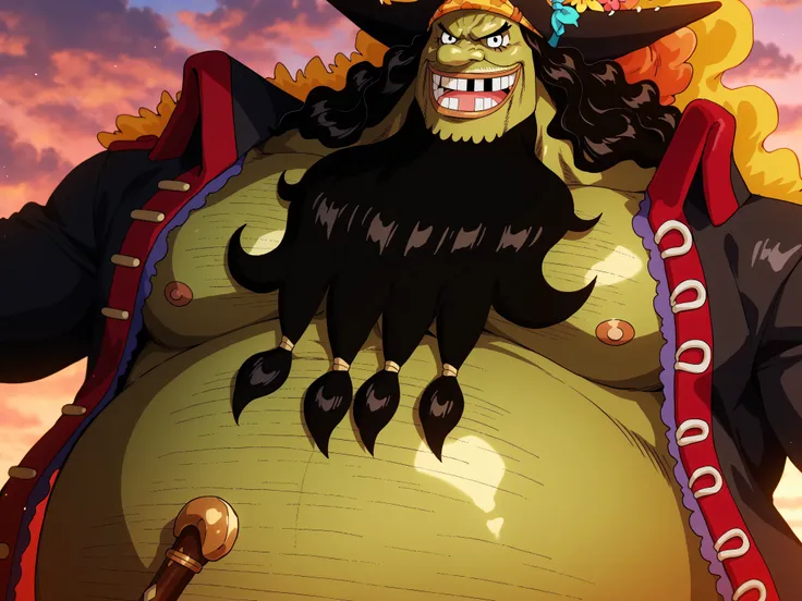 shading, anime screencap, ,marshall d teach, male missing tooth, black eyes, black beard, long hair male, long nose, hairy man, fat man, huge man, eyelashes, dark-skinned male, facial hair, ugly man,,solo, ((Marshall D. Teach)), ((green skin)), black eye...