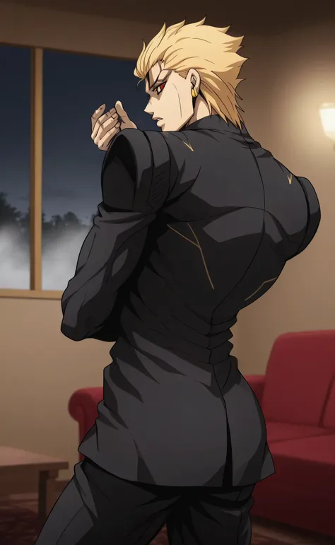 1male,solo,Gilgamesh,short hair,slicked back hair, blond hair,red eyes,black suit,big muscle,closed light,living room,fog,night,Dio Brando's Pose,Jojo Bizarre Adventure