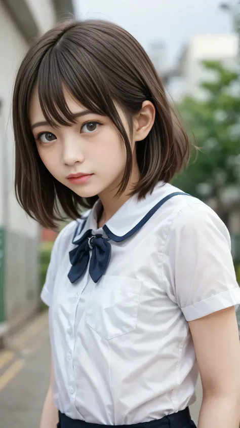 (of the highest quality、masterpiece)、white background、Blurry Background、1girl、beautiful girl、small breasts、Shyness、red blush、ultra high res、Beautiful Woman、Cute Little、 solo、Japanese woman、((15-year-old student、high school girl、very young beautiful girl mo...