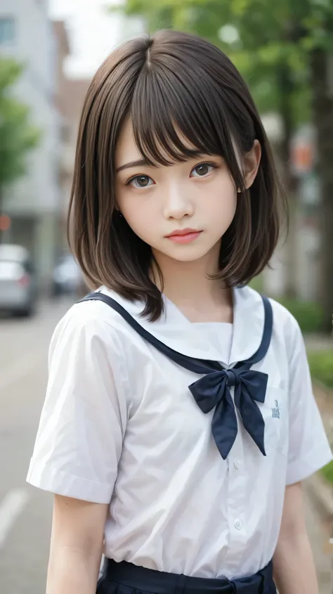 (of the highest quality、masterpiece)、white background、Blurry Background、1girl、beautiful girl、small breasts、Shyness、red blush、ultra high res、Beautiful Woman、Cute Little、 solo、Japanese woman、((15-year-old student、high school girl、very young beautiful girl mo...