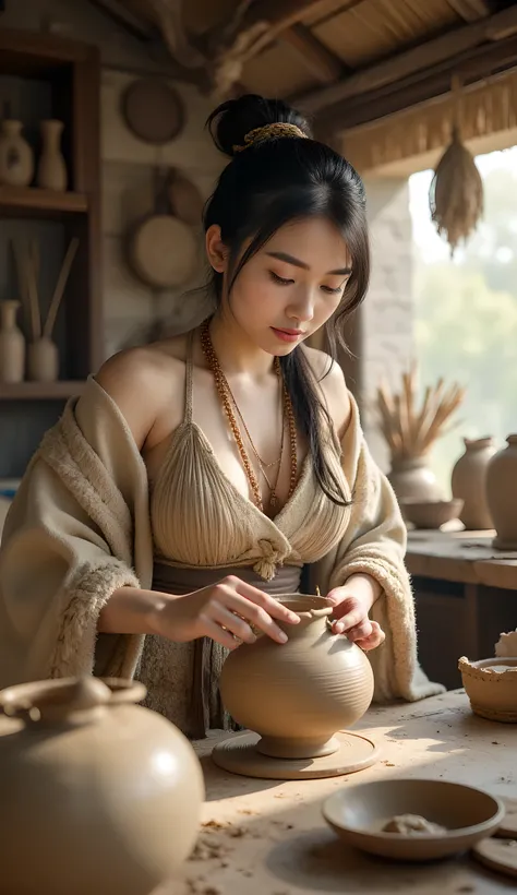 Ancient prehistoric age era,
Stone age era,
((Realistic cinematography ultra wide depth intense stunning inside cave shelter angle of scenery)),a female potter is forming the raw clay on her tableware,(the art of ancient pottery),(crafting),((a female P...