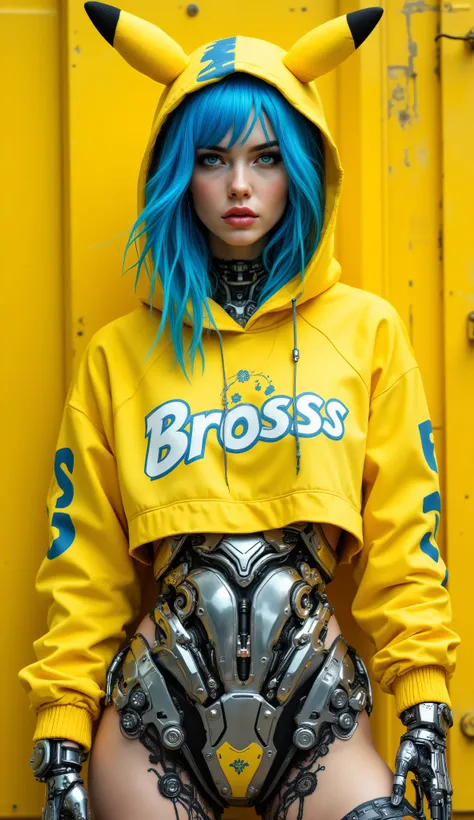 Fine Detailed, OBbllai, PosingDynamicsDaal, aidmaHandsPOV A hyper-realistic portrait of a cybernetic woman standing confidently in front of a vibrant yellow industrial wall. **Her arms are casually crossed, mechanical fingers tucked under her elbows, as sh...