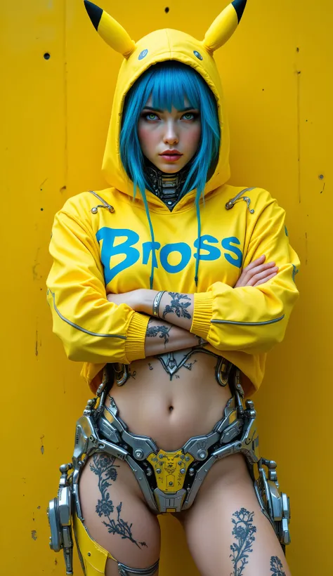 Fine Detailed, OBbllai, PosingDynamicsDaal, aidmaHandsPOV A hyper-realistic portrait of a cybernetic woman standing confidently in front of a vibrant yellow industrial wall. **Her arms are casually crossed, mechanical fingers tucked under her elbows, as sh...