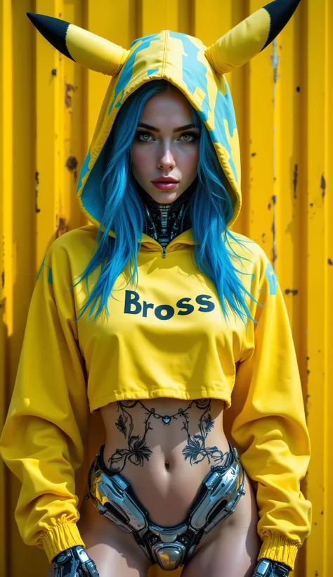 Fine Detailed, OBbllai, PosingDynamicsDaal, aidmaHandsPOV A hyper-realistic portrait of a cybernetic woman standing confidently in front of a vibrant yellow industrial wall. **Her arms are casually crossed, mechanical fingers tucked under her elbows, as sh...