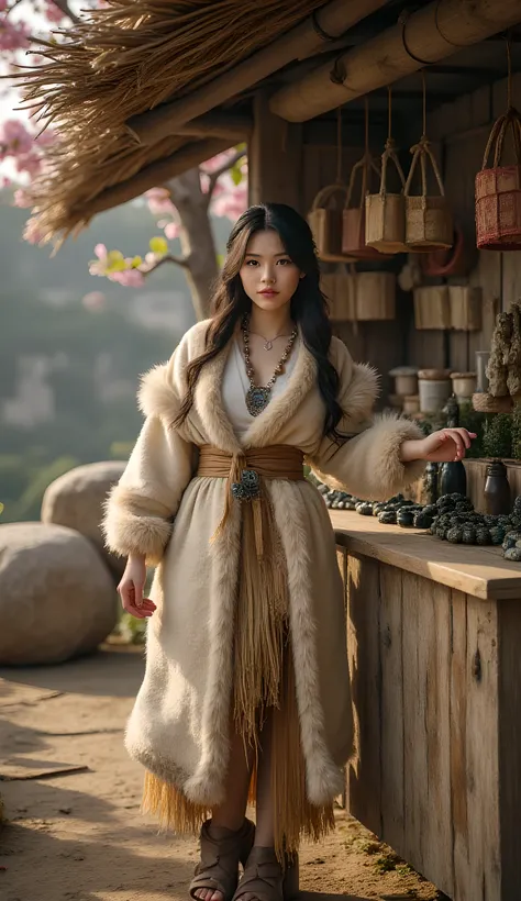 Ancient prehistoric age era,
Stone age era,
((Realistic cinematography ultra wide depth intense stunning inside hut kiosk angle of scenery)),a female shopkeeper is obsidian beads to the viewers,(the art of ancient craftsmanship),(crafting),((a female sh...