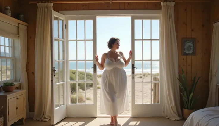 ((RAW Photo)), masterpiece, best quality, (Extremely detailed 8k cinematic film still), ((Peaceful full body shot)), a stunning woman with the ((mature, wise face of HeatherFlux, 60 years old)) and an ((impossibly curvaceous, athletic body with a massive b...