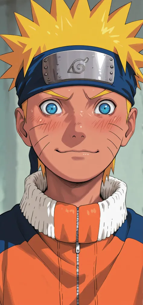 classic works, 8k, highest quality, details, high resolution, digital painting, ultra details,  portrait, character Uzumaki Naruto is a boy, brown skin,  short blonde, blue eyes, with a happy face,  redhead , embarrassed, wearing a headband,  orange jacket...
