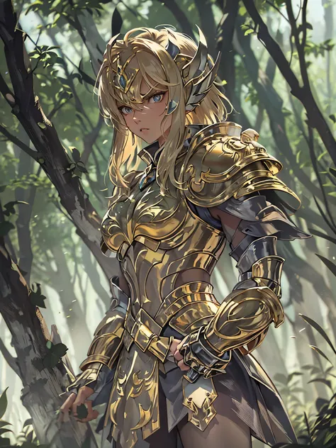 in dark forest, 1 girl wearing gold armor,  angry, 8k, hires, 