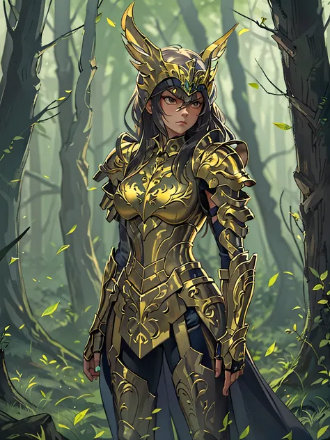 in dark forest, 1 girl wearing gold armor,  angry, 8k, hires, 