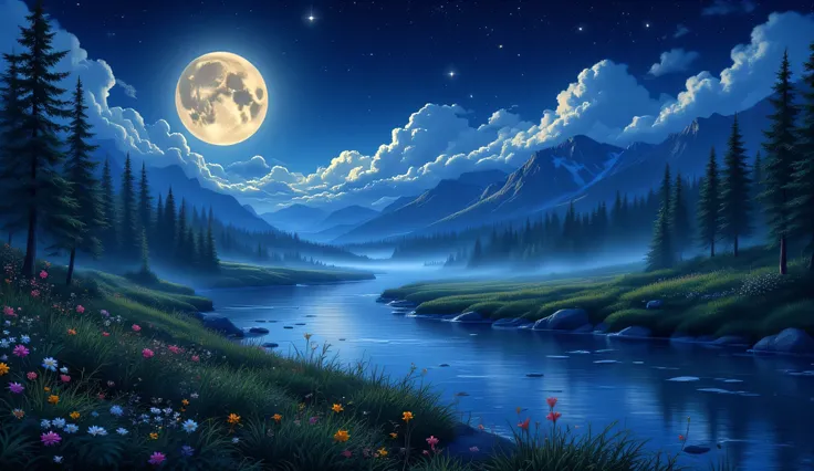 A highly detailed semi-realistic cinematic night landscape in 16:9.
A glowing full moon dominates the sky, perfectly round and bright, casting strong moonlight across the scene.
The stars are vivid and crisp, shimmering gently in the deep blue night sk...