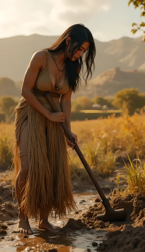 Ancient prehistoric age era,
Stone age era,
((Realistic cinematography ultra wide depth intense stunning orderly tile soil of farm field angle of scenery)),an Egyptian female farmer is using a realistic hoe farmtool to plowing the wet mud,(hardworker),(...