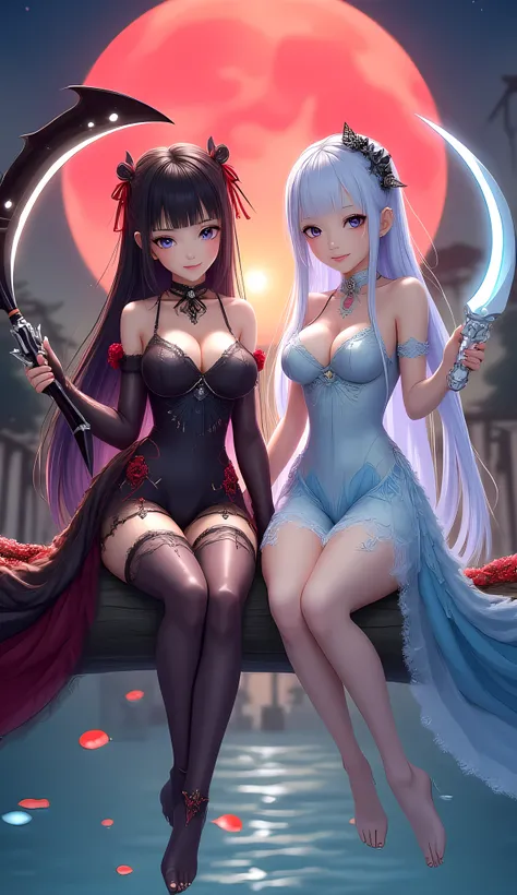 Anime style, full shot, two beautiful detailed anime characters, female, sitting on a floating log in a serene, fantastical scene. The character on the left has long, flowing black hair, purple eyes, and a confident expression. She wears a highly detailed,...