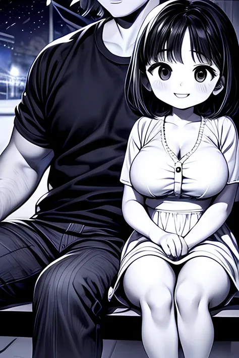 ((( Line art ))),((( monochrome:1.1))),,(((couple sitting:1.5))),1boy,1girl, couple,hetero,(((ideal ratio body proportions))),iris , Dark Eyes ,( small eyes ),(Slanted Eyes) ,(open eyes),(((black hair))),( short bob hair ),bangs ,((( smile)) ),((short stat...