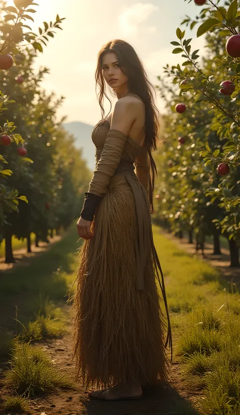 Ancient prehistoric age era, 
Stone age era, 

((Realistic cinematography ultra wide depth intense stunning orderly dense apple trees plantation field angle of scenery)),the detailed of a female farmer walking,(within densely apple trees plantation),(agric...