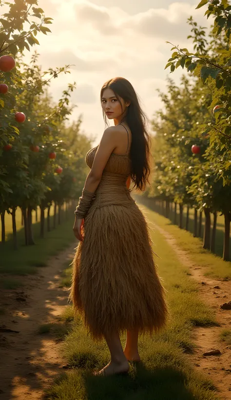 Ancient prehistoric age era, 
Stone age era, 

((Realistic cinematography ultra wide depth intense stunning orderly dense apple trees plantation field angle of scenery)),the detailed of a female farmer walking,(within densely apple trees plantation),(agric...