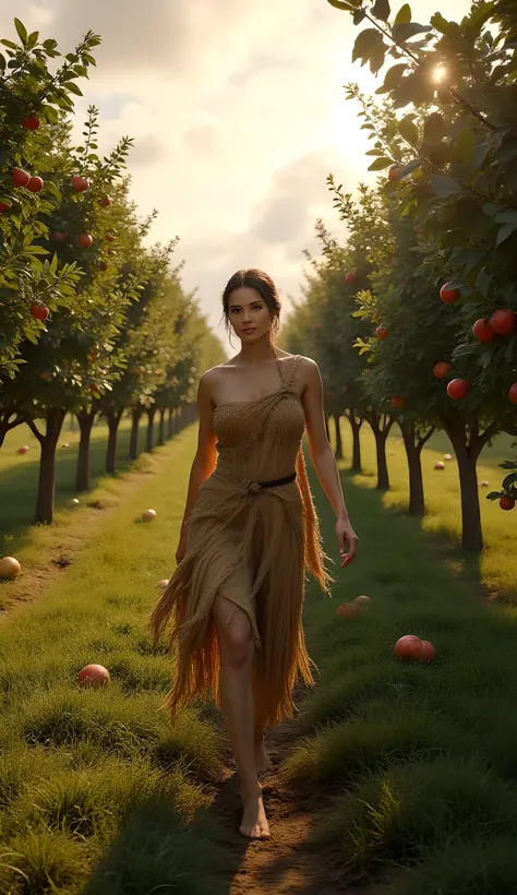 Ancient prehistoric age era, 
Stone age era, 

((Realistic cinematography ultra wide depth intense stunning orderly dense apple trees plantation field angle of scenery)),the detailed of a female farmer walking,(within densely apple trees plantation),(agric...