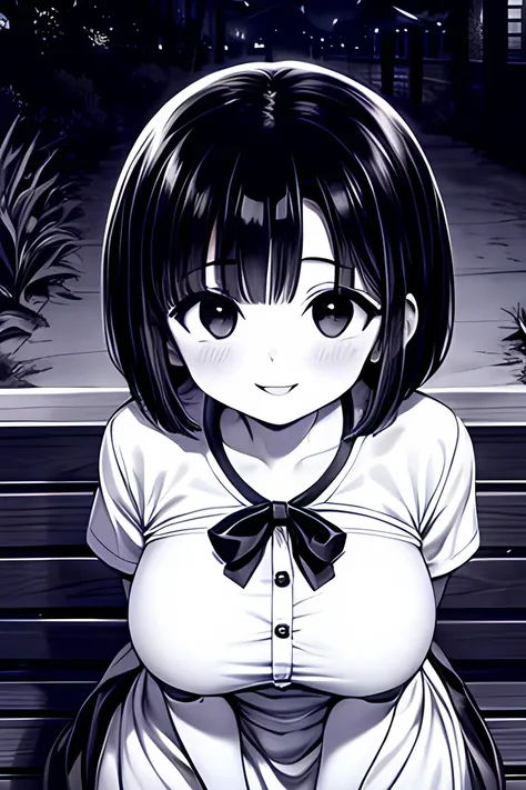 ((( Line art ))),((( monochrome:1.1))),1girl,(((solo))),(((ideal ratio body proportions))),iris , Dark Eyes ,( small eyes ),(Slanted Eyes) ,(open eyes),(((black hair))),( short bob hair ),bangs ,((( smile)) ),((short stature)),((big breasts)),(disproportio...