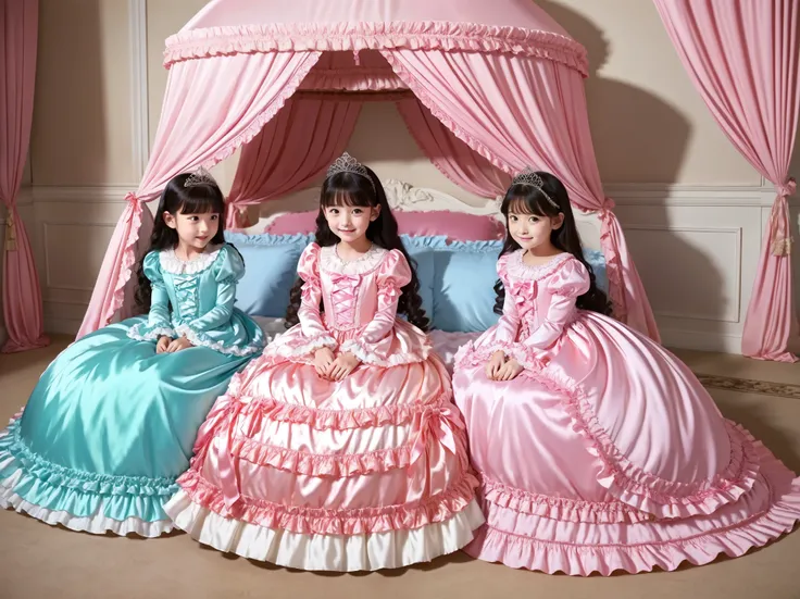 ((Distant view,Full Body:1.0)),Highest Quality, masterpiece, highest resolution, art work, super それにget used to it, many get used to it, get used to it, それにget used to it, 3k photos,,3 Princesses,Princess Pastel Silk Satin Victorian Ball Gown Dress. ((10 Y...