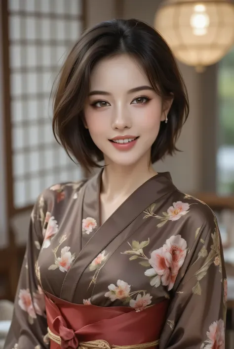Sophisticated woman in high-end traditional Japanese restaurant private room, floral dark brown elegant kimono, perfectly fitted premium fabric, alluring smile with flawless white teeth, clear brown eyes, modern hairstyle, crimson obi and accessories, cowb...