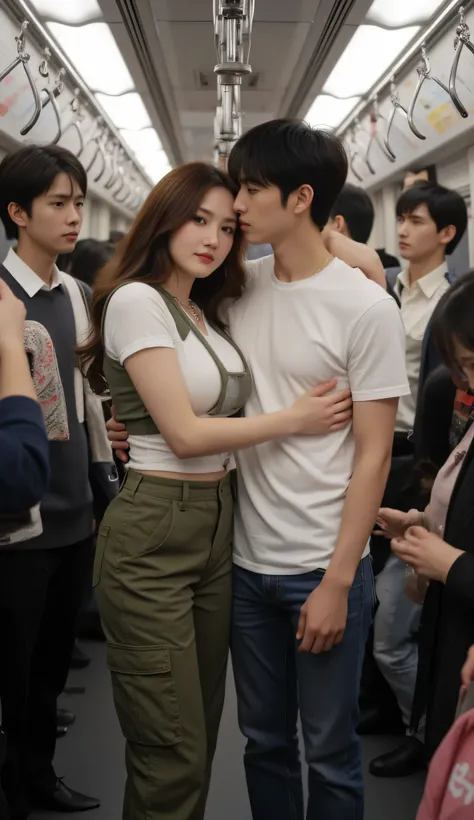 The crowded and crowded atmosphere of the Japanese subway cars, passenger stands in a row while holding a handle hanger above. In between the passengers stood there was a beautiful woman about 40 years old, He is proportionally tall, dressed sensually like...