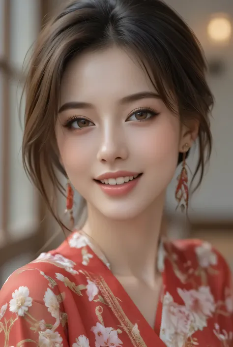 Sophisticated woman in high-end traditional Japanese restaurant private room, floral deep red elegant kimono, perfectly fitted premium fabric, alluring smile with flawless white teeth, clear brown eyes, modern hairstyle, crimson obi and accessories, cowboy...