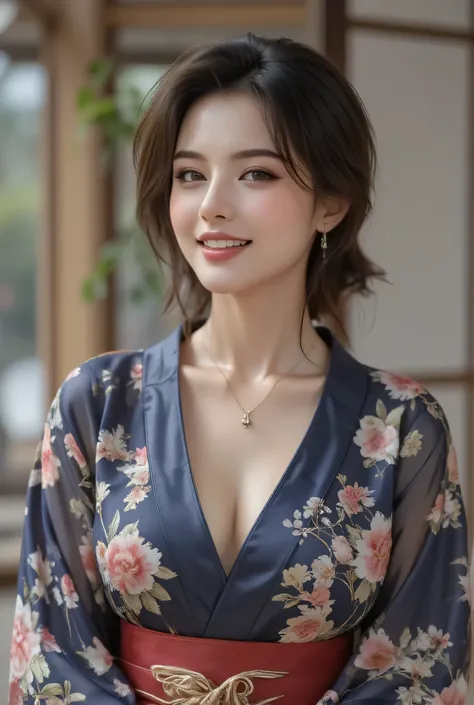 Sophisticated woman in high-end traditional Japanese restaurant private room, floral navy blue elegant kimono, perfectly fitted premium fabric, alluring smile with flawless white teeth, clear brown eyes, modern hairstyle, crimson obi and accessories, cowbo...