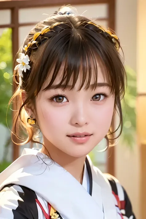 (Highest Quality, high-precision selection, masterpiece:1.2), Photo depicting facial expressions in detail 、 Closeup of a Woman's Face 、Take a picture close to the face、realistic:1.37,(perfect anatomy), 正面を向いた美しい女性、(portrait)、A woman in a kimono is smiling...