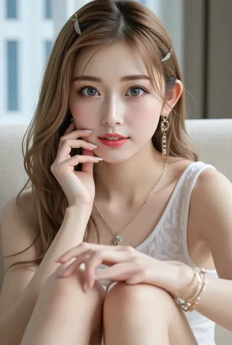 (Woman crossing her legs on an office sofa、Sitting girl)、((lying on a sofa bed))Beauty、One person、One person、long hair、Viewer、Smile Yan、blue eyes、hair ornaments、、gem、gray hair、口を close、Dull bangs、nail polish、bracelet、lips、Gray eyes on her back、portrait、red...