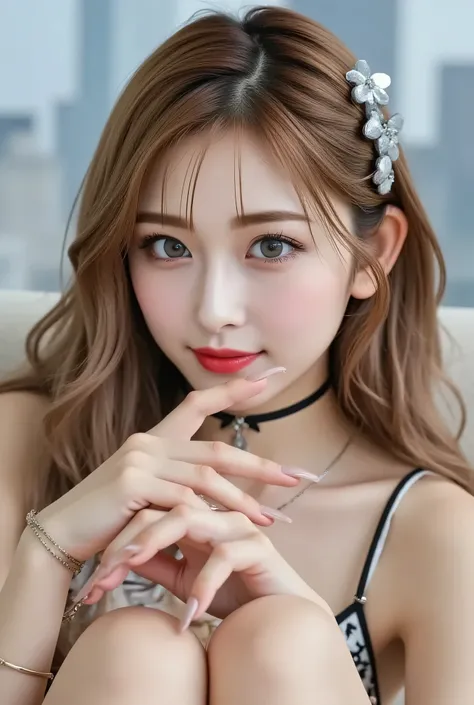 (Girl Sitting on Office Couch)、Beauty、One person、One person、long hair、Viewer、Smile Yan、blue eyes、hair ornaments、、gem、gray hair、口を close、Dull bangs、nail polish、bracelet、lips、Gray eyes on her back、portrait、red nails、 close、赤いlips、stand up、Place your hands on...