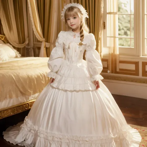 Highest Quality, masterpiece, highest resolution, art work, super get used to it, many Get used to it, Get used to it, get used to it,change,,little girl, Before going to bed,((12 years old)),European,((long blonde hair:1.0)),(((white nightgown with lots o...