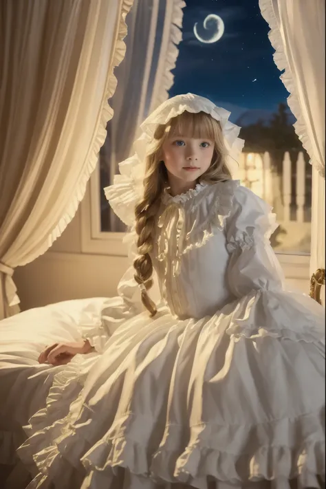 Highest Quality, masterpiece, highest resolution, art work, super get used to it, many Get used to it, Get used to it, get used to it,change,,little girl, Before going to bed,((12 years old)),European,((long blonde hair:1.0)),(((white nightgown with lots o...