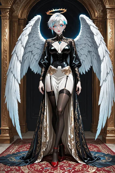 aidmaMJ6.1,a picture of magnificent  female angel, busty, dynamic hair color, pixie cut hair, shining blue eyes, white wings, wearing intricate elegant black leather dress, wearing red high heels, spread angel wings, pale skin, white hair, colorful hair, c...