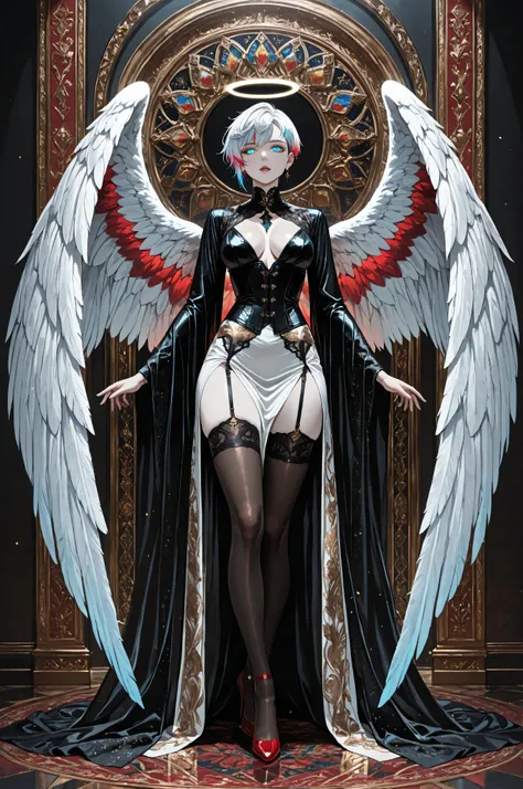 aidmaMJ6.1,a picture of magnificent  female angel, busty, dynamic hair color, pixie cut hair, shining blue eyes, white wings, wearing intricate elegant black leather dress, wearing red high heels, spread angel wings, pale skin, white hair, colorful hair, c...