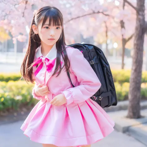 (8k,  Highest Quality, masterpiece:1.2),   ultra high res,  complicated details,  1 girl,  beautiful faces, Elementary school graduation clothes, （Pink blazer、long sleeve,Ruffled Sleeves,white ruffle blouse,adorned in a cute way with ruffles and ribbons,me...